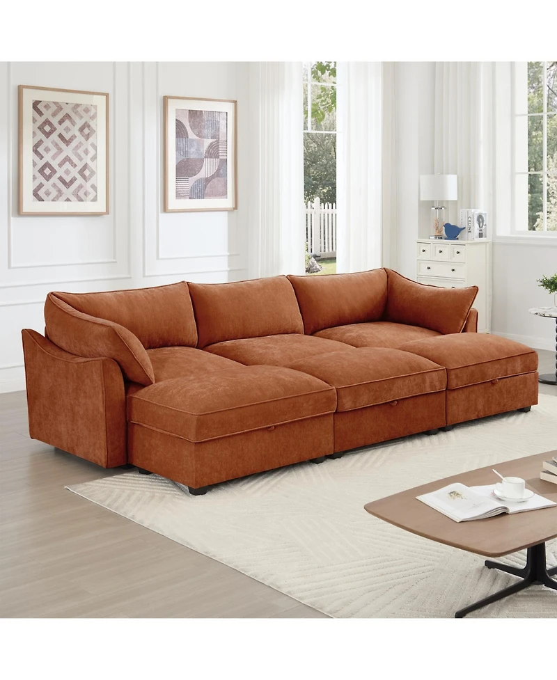 Streamdale Furniture 3-Seat Sofa w/ Ottomans & Storage - Chenille Orange