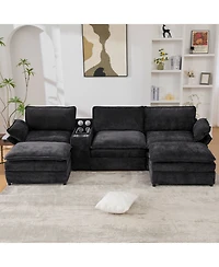 Streamdale Furniture Streamdale U-Shaped Sectional Sofa w/ Storage, Wireless Charging, Bluetooth & Footstools