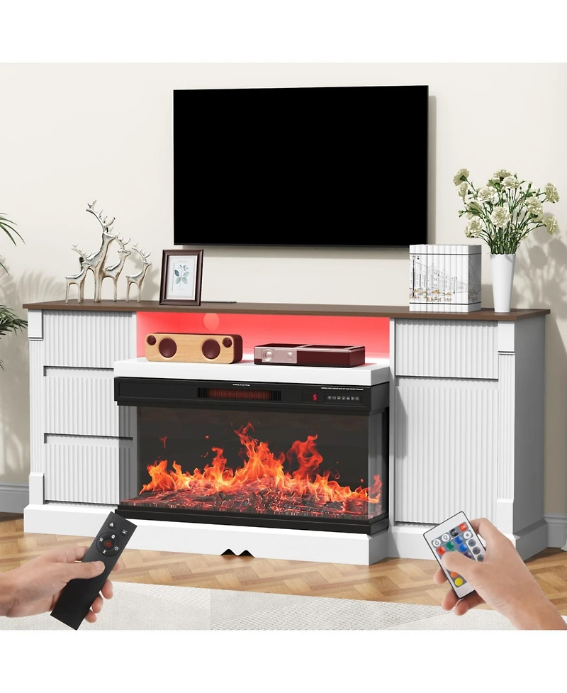 Streamdale Furniture Modern Glass Tv Stand w/ Fireplace, Led, Storage for 80" TVs