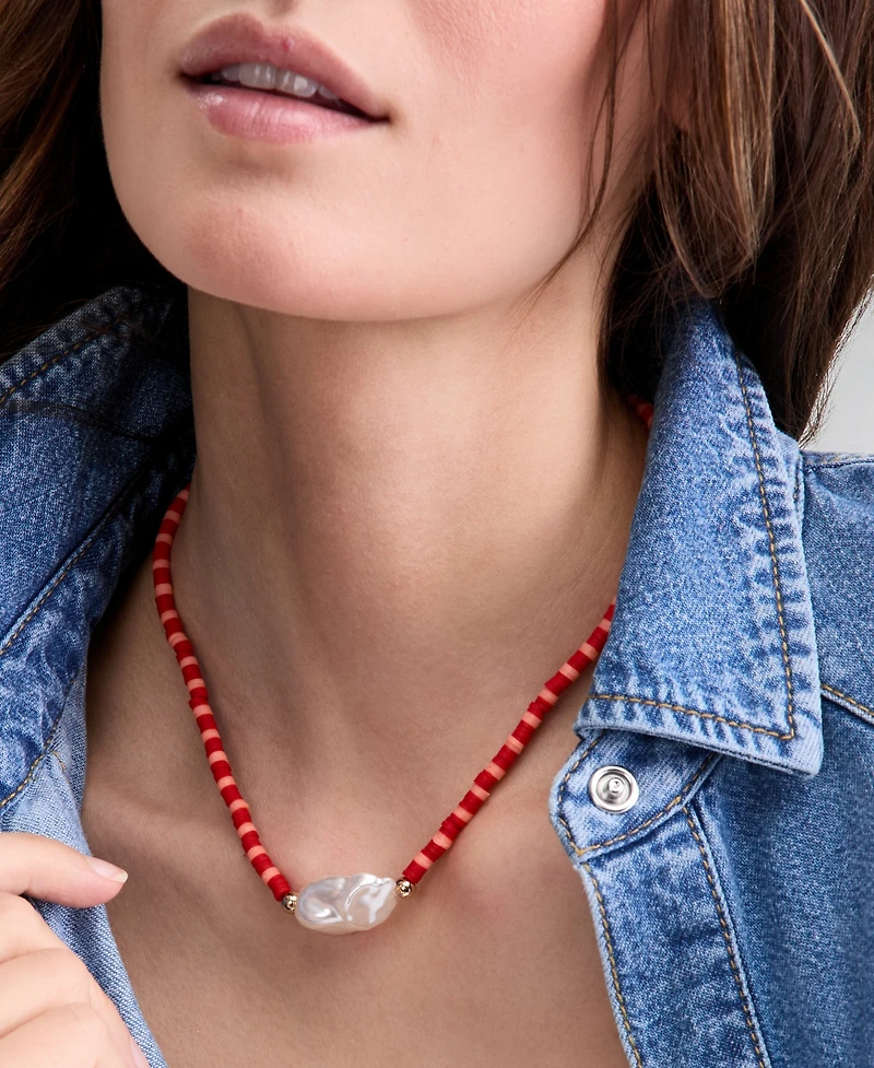 On 34th Gold-Tone Red Bead Imitation Pearl Collar Necklace, 16" + 2" extender, Macy's Exclusive