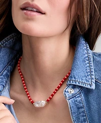 On 34th Gold-Tone Red Bead Imitation Pearl Collar Necklace, 16" + 2" extender, Macy's Exclusive