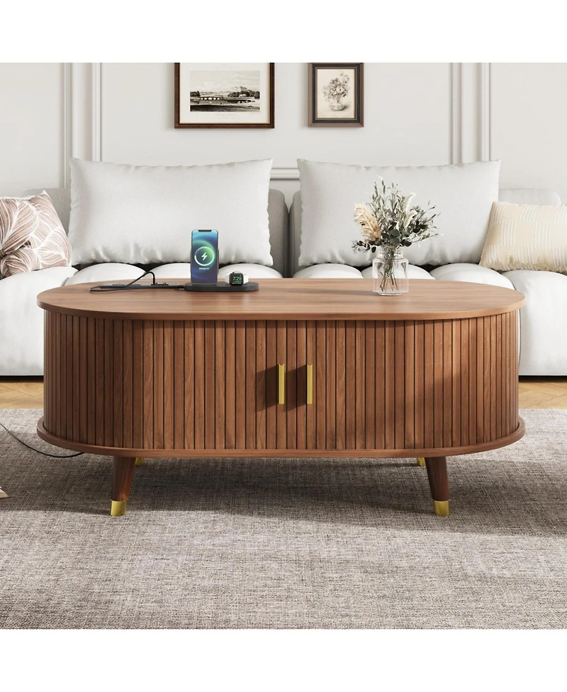 Streamdale Furniture 42.5" Oval Fluted Coffee Table with Charging Station, Sliding Door