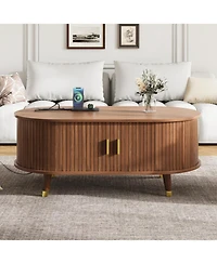 Streamdale Furniture 42.5" Oval Fluted Coffee Table with Charging Station, Sliding Door