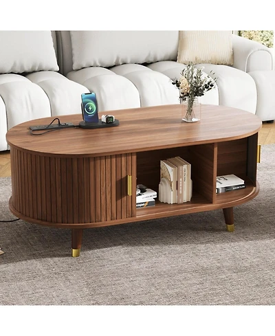 Streamdale Furniture 42.5" Oval Fluted Coffee Table with Charging Station, Sliding Door