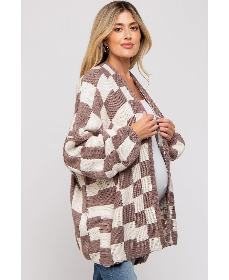 Pinkblush Maternity Taupe Checkered Print Oversized Cardigan