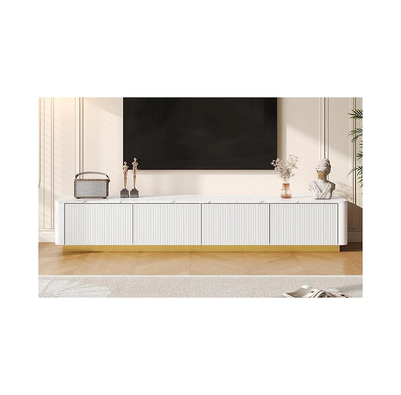 Streamdale Furniture Luxury Fluted Tv Stand - Faux Marble Top, 4 Drawers, Gold Base, White