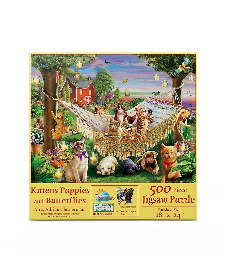 SunsOut Kittens Puppies and Butterflies 500 piece Jigsaw Puzzle for Adults