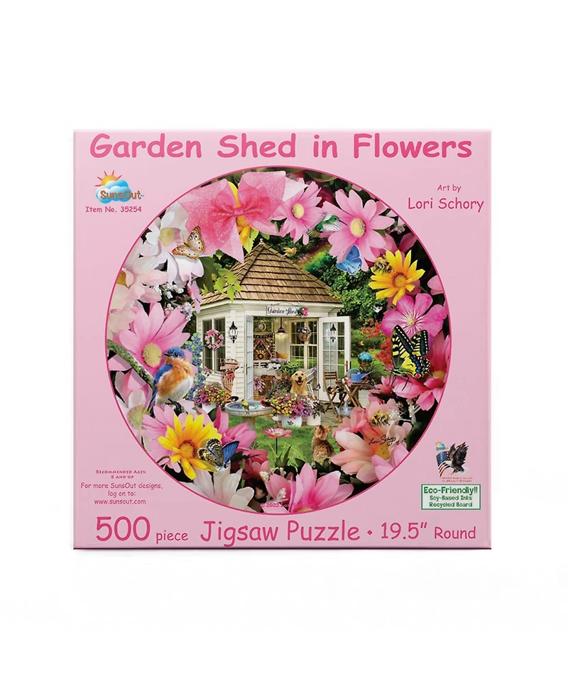 SunsOut Garden Shed in Flower 500 piece Jigsaw Puzzle for Adults Round