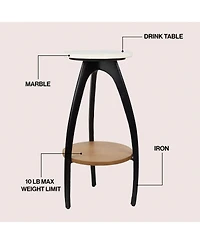 Jonathan Y Ollie 24.5" Designer Farmhouse Metal Tripod Drink Table and Decorative End Table with White Marble Round Top and Wood Undershelf