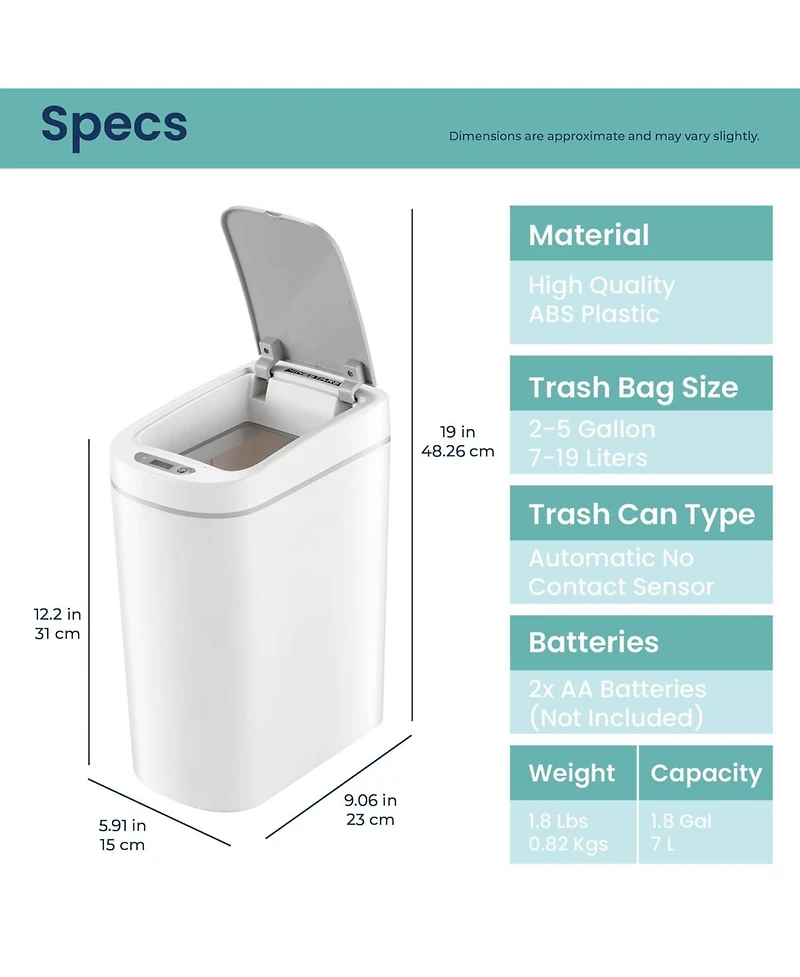 Ninestars 2 Pack of 1.85 Gallon Trash Bin Abs Slim Bathroom Motion Sensor Trash Can