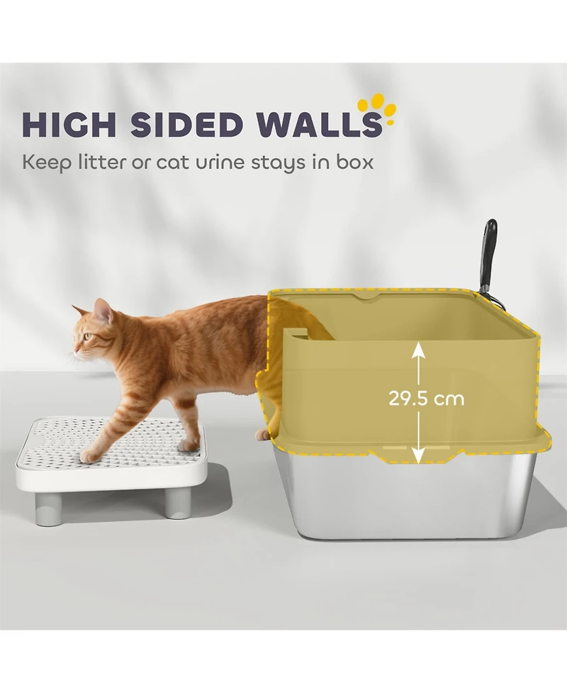 Aostirmotor Sleek Gray Stainless Steel Litter Box with High Sides & Scoop – Elevate Your Home with Refined Odor Control