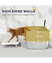 Aostirmotor Sleek Gray Stainless Steel Litter Box with High Sides & Scoop – Elevate Your Home with Refined Odor Control