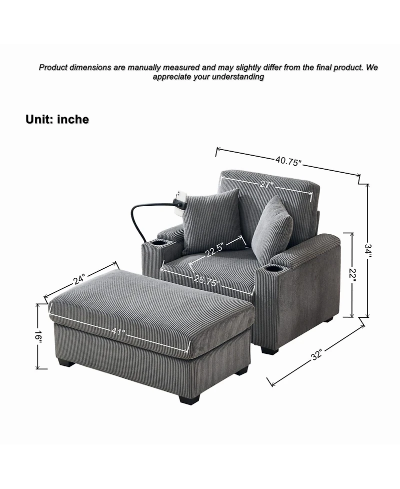 Streamdale Furniture55" Oversized Corduroy Chaise Lounge Chair with Ottoman, Storage & Usb - Grey