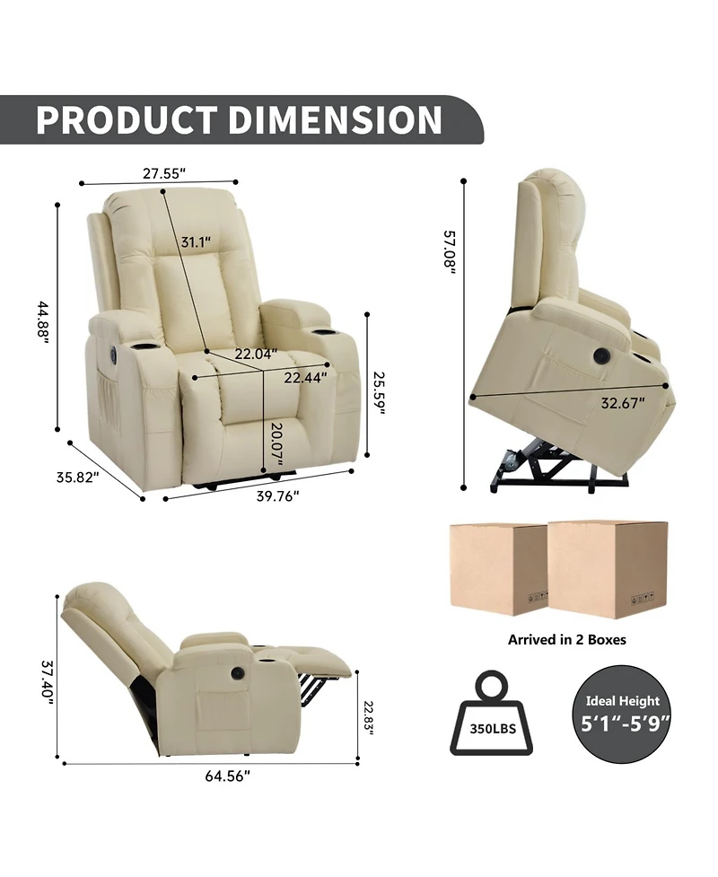 Streamdale Furniture Streamdale Beige Power Lift Recliner w/ Massage, Heat, Usb & Cup Holders