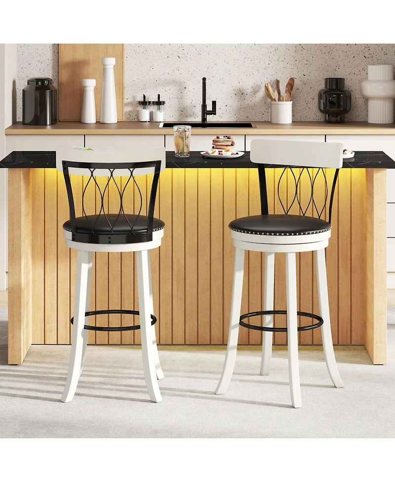 Gymax 29'' Set of Bar Stools w/ Footrest Rubber Wood Frame & Tufted Rivets