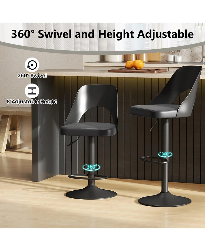 Gymax Set of 2 Pu Leather Metal Base Enlarged Seat, Backrest, Footrest, Adjustable Height, 360° Swivel Bar Stools