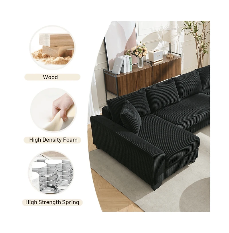 Maison Boucle 114" U-Shaped Corduroy Upholstery Pull-Out Sleeper Bed, Oversized Convertible Sectional, Chaise Lounges, Pillows & Cushions Sofa Bed