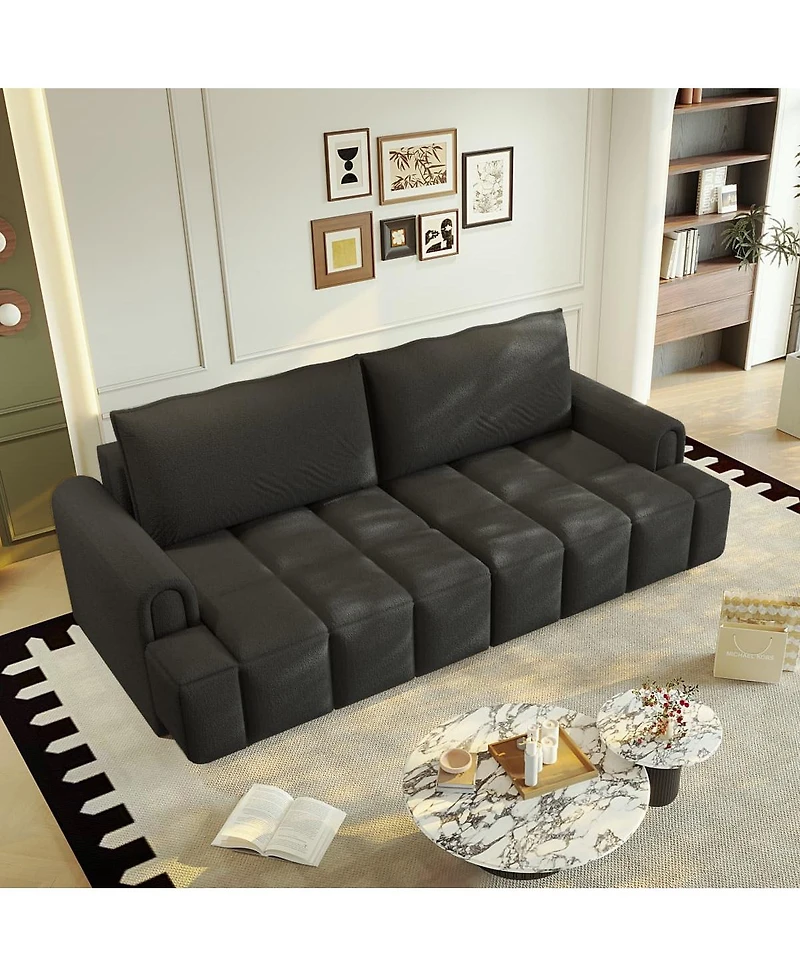 Maison Boucle Modern 4-Seat Teddy Fabric Sleeper Sofa with Storage, 90" Pull-Out Couch Bed, King Convertible for Living Room