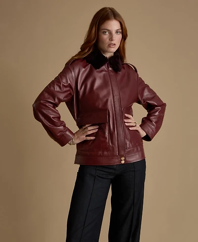 Furniq Uk Women's Leather Jacket with Detachable Shearling Collar