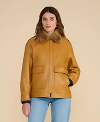 Furniq Uk Women's Leather Jacket with Detachable Shearling Collar