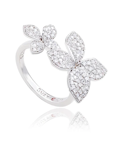 Suzy Levian Sterling Silver Cubic Zirconia Between The Finger Double Flower Ring