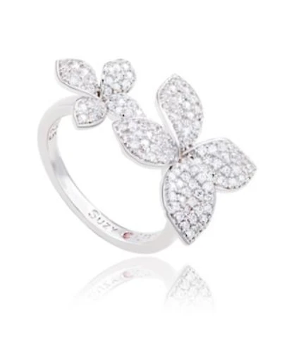 Suzy Levian Sterling Silver Cubic Zirconia Between The Finger Double Flower Ring