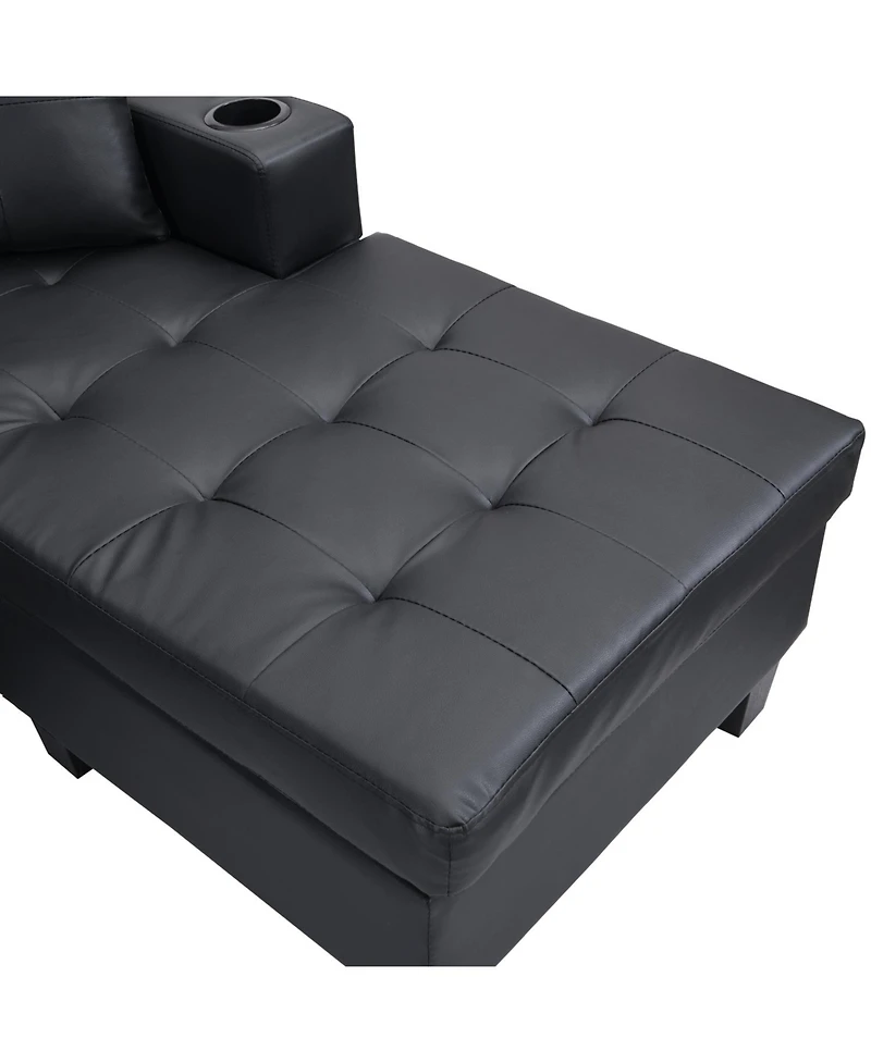 Streamdale Furniture + L-Shape Sectional Sofa + Faux Leather (or specify actual material if known) + Chaise Lounge with Cup Holder + Sofa