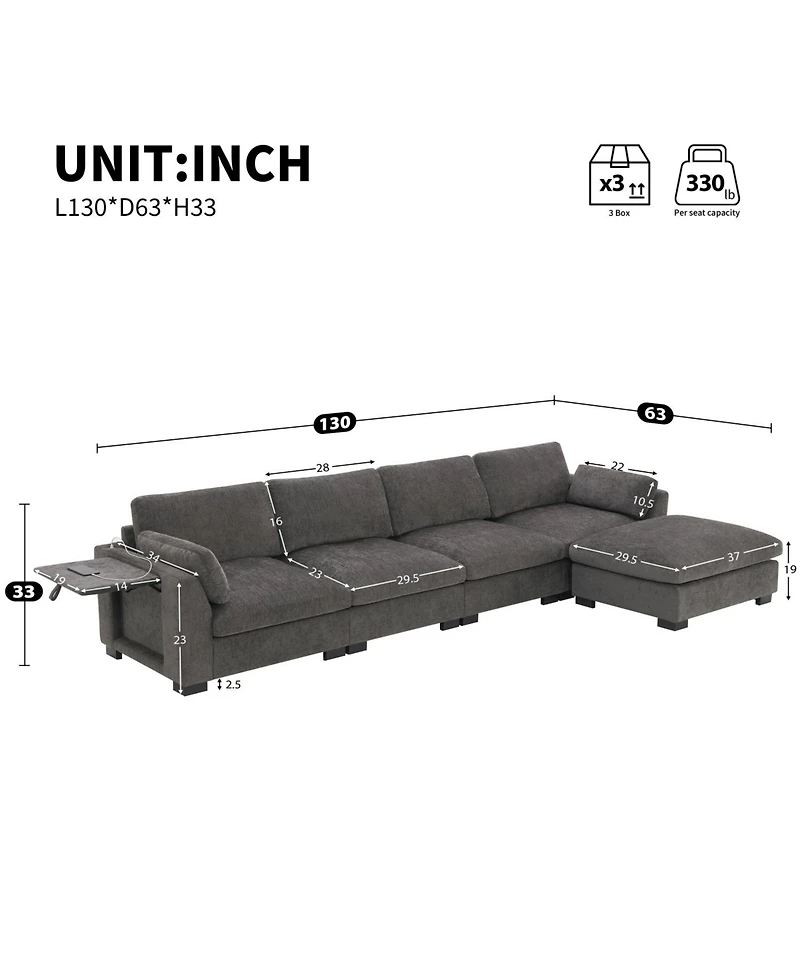 Streamdale Furniture 130" Modular Sectional Sofa with Folding Table & Charging