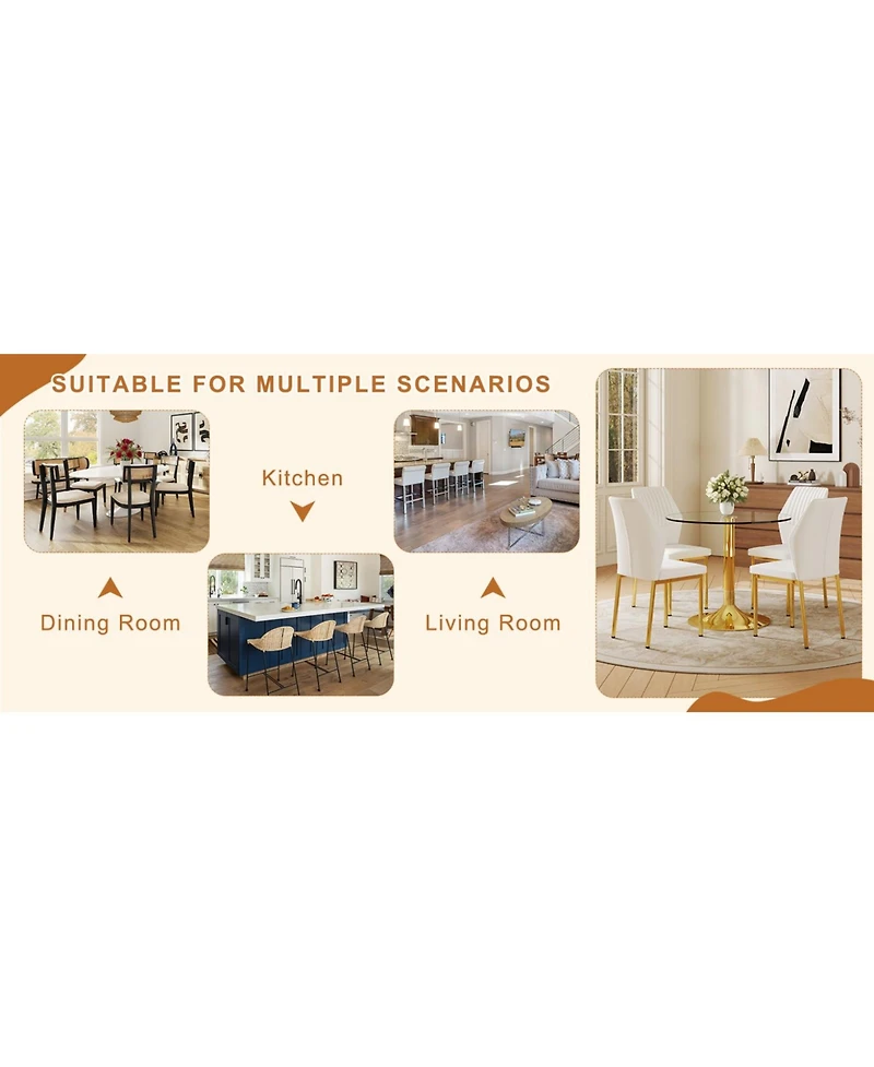Streamdale Furniture 35" Glass Round Dining Set - Gold Base & 4 White Pu Chairs