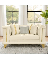 Streamdale Velvet Sofa Set: Gold Trim, Embroidered, Mid-Century Modern, Beige