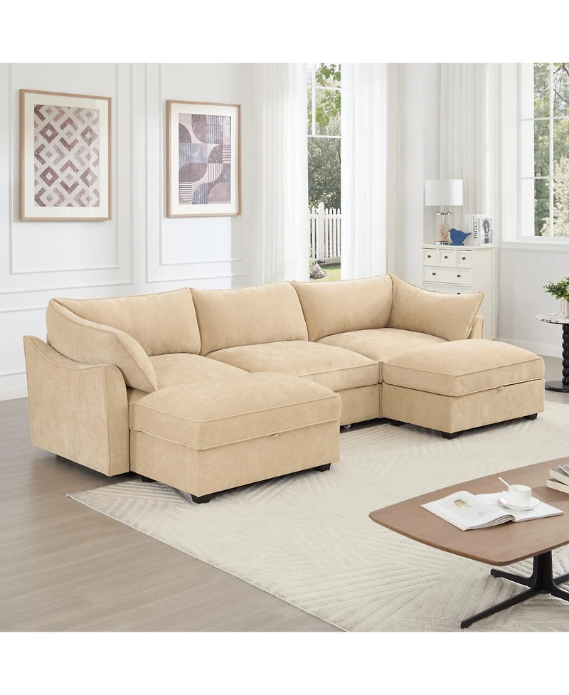 Streamdale Furniture U-Shaped 3-Seater Sofa w/ Footstools & Storage - Chenille Wheat