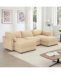 Streamdale Furniture U-Shaped 3-Seater Sofa w/ Footstools & Storage - Chenille Wheat
