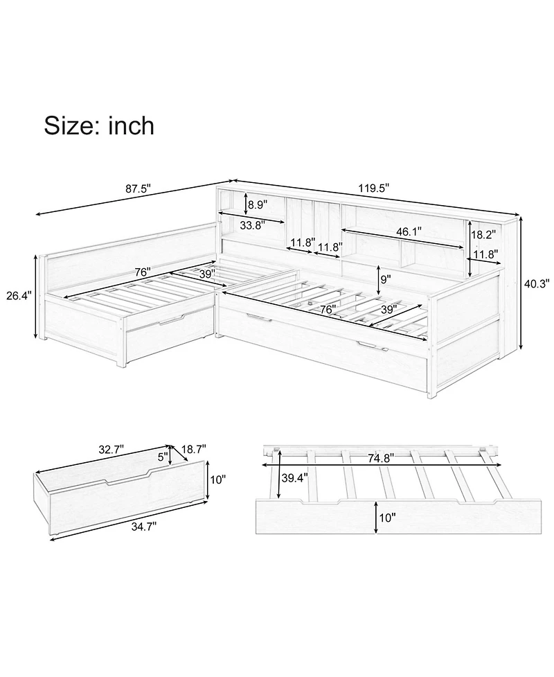 Streamdale Furniture Twin L-Shaped Daybed with Trundle, Storage & Bookcases - Natural