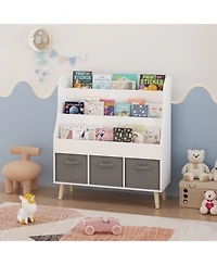 Streamdale Kids Bookshelf with 3 Fabric Bins White Wooden Book Organizer