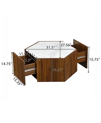 Streamdale Furniture Rustic Hexagonal Coffee Table, Drawers, Marble Top, Light Oak