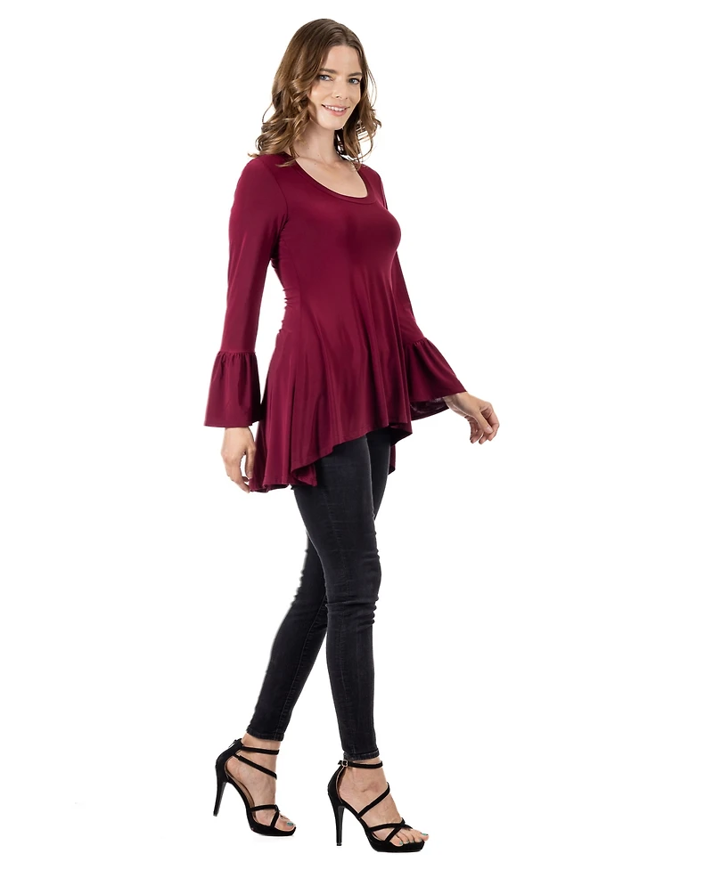 24seven Comfort Apparel Women's Long Bell Sleeve High Low Tunic Top