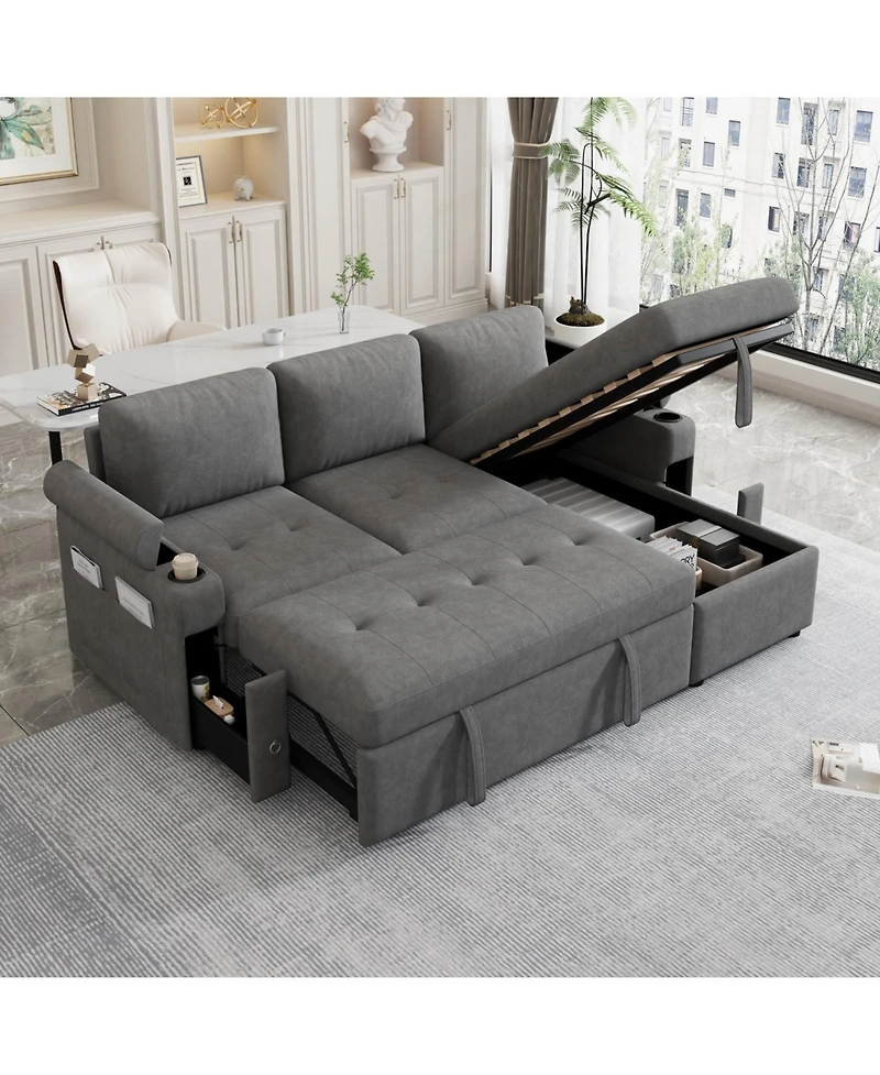 Streamdale 83.5" L-Shaped Sofa Bed with Storage, Cup Holders & Usb