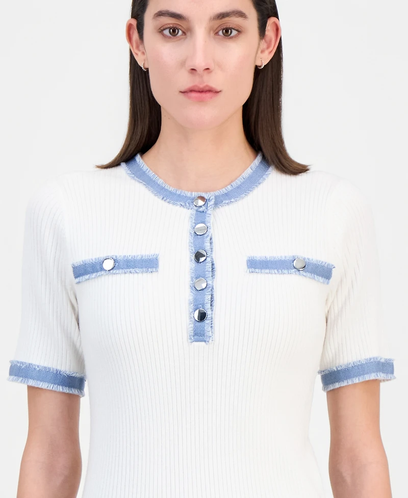 T Tahari Women's Denim-Trim Ribbed Short-Sleeve Top