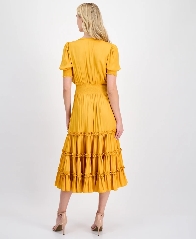 T Tahari Women's Puff-Sleeve Tiered Midi Dress