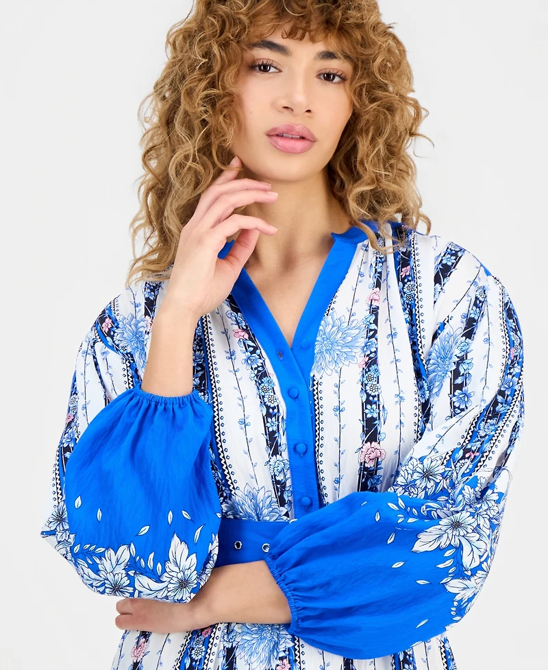 T Tahari Women's Floral Belted Half-Placket Dress