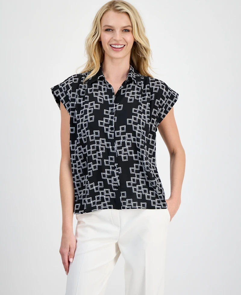 T Tahari Women's Printed Point Collar Shirt