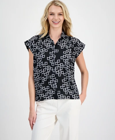 T Tahari Women's Printed Point Collar Shirt