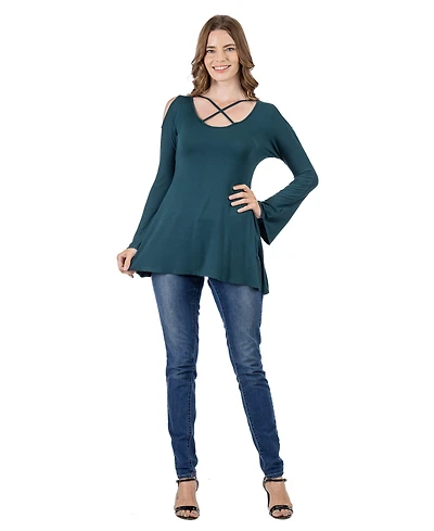 24seven Comfort Apparel Women's Criss-cross Cold Shoulder Long Sleeve Top