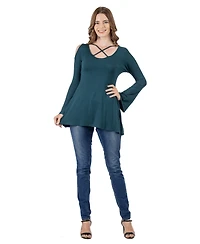 24seven Comfort Apparel Women's Criss-cross Cold Shoulder Long Sleeve Top