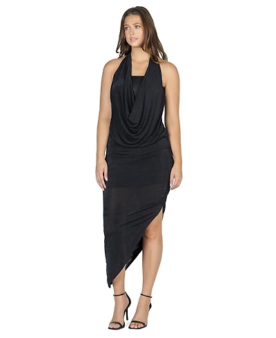 24seven Comfort Apparel Women's Cowl Neck Long Asymmetrical Backless Halter Dress