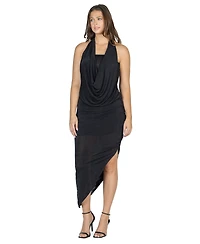 24seven Comfort Apparel Women's Cowl Neck Long Asymmetrical Backless Halter Dress
