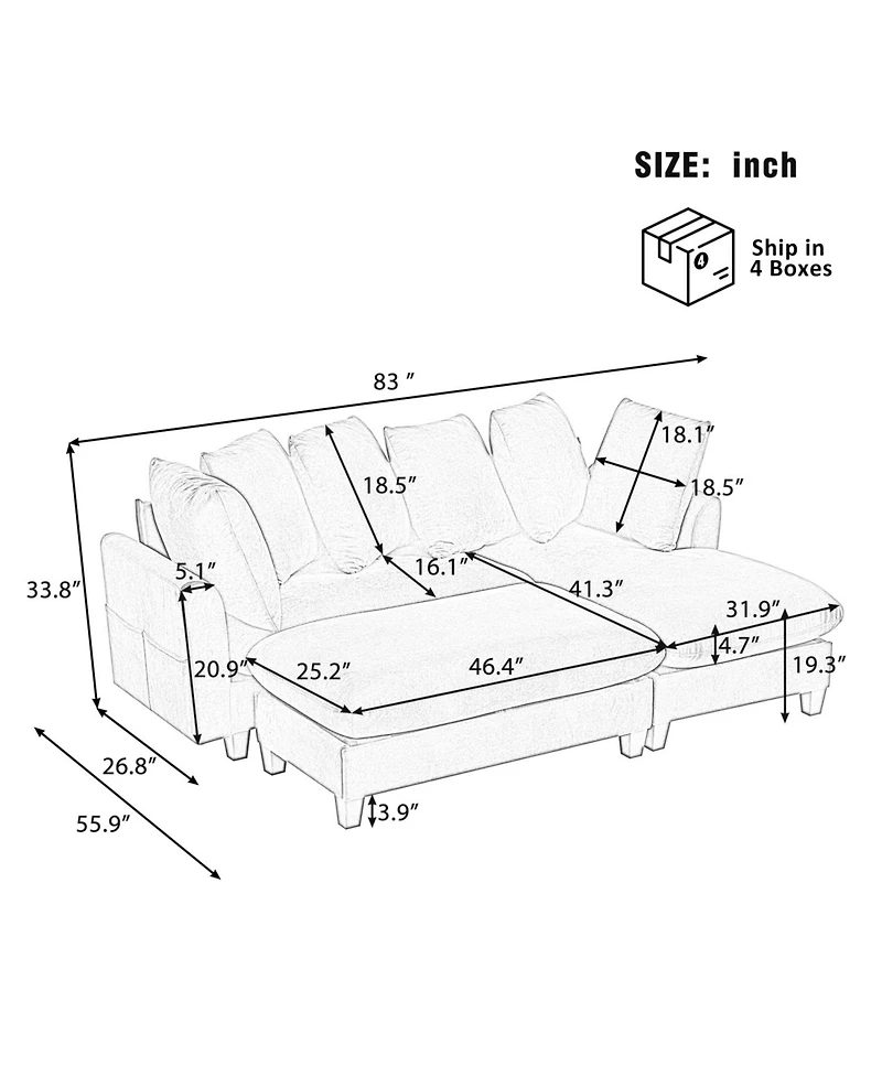 Streamdale Furniture 83" Sectional Sofa with Storage Ottoman & Pillows