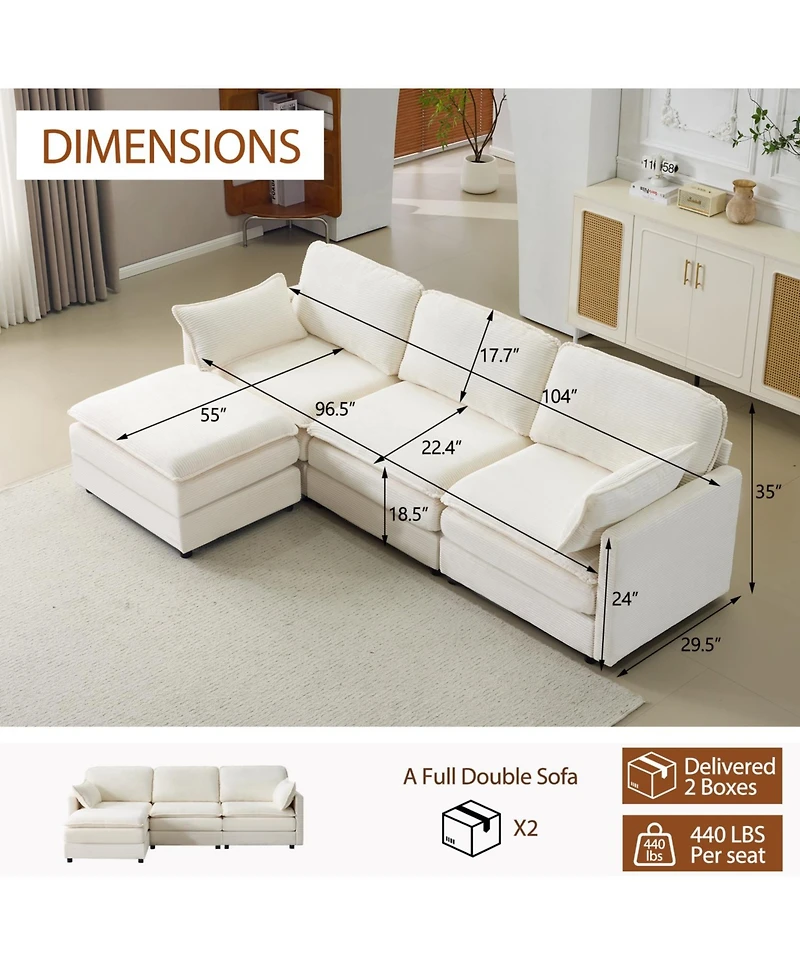 Streamdale Furniture Streamdale Plush Cloud 3 Seater Sofa & Ottoman - Beige Chenille Cushions & Throw Pillows