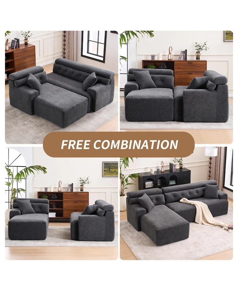 Streamdale Furniture Streamdale Grey Compression Sofa- Chaise & 3-Seater, Chenille, 2 Pillows