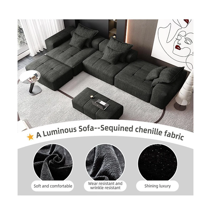 Streamdale Furniture Modern Oversized Chenille Sectional Sofa with 6 Pillows, Black